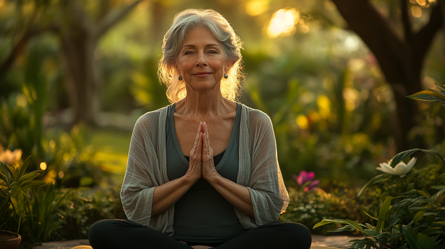 Старша жінка практикує йогу в парку